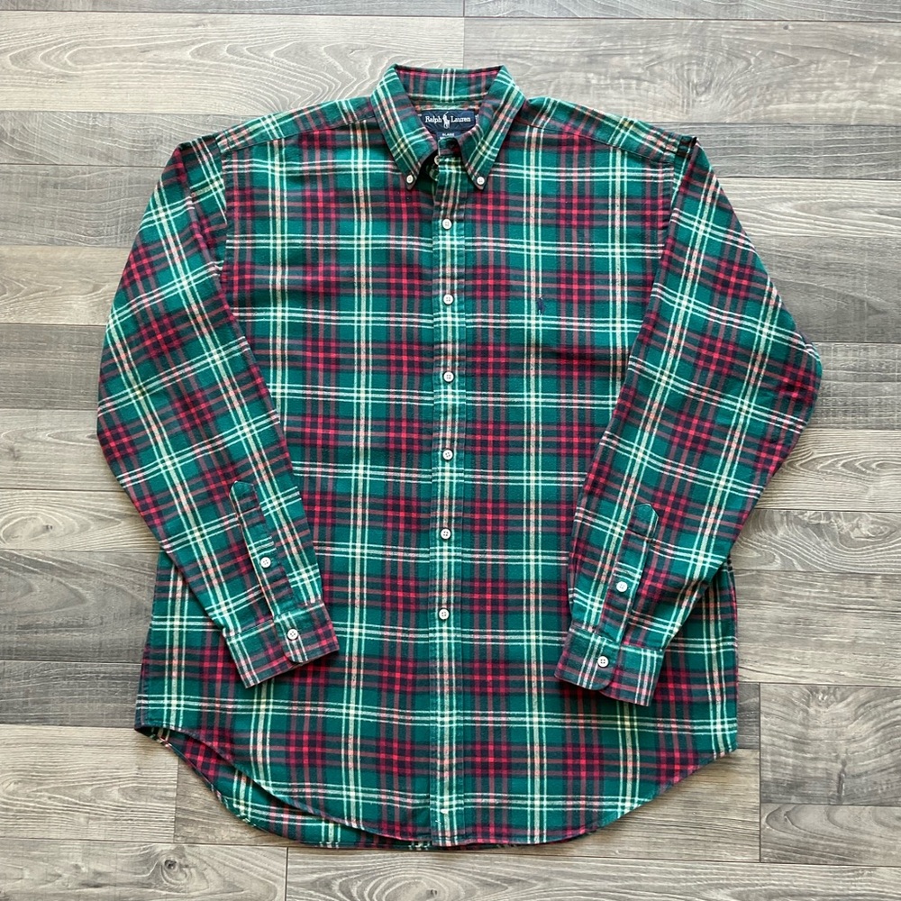 Ralph Lauren Blake Flannel Shirt Men’s LARGE Green Red White Plaid Button Down